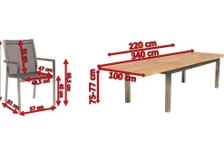 STERN Cardiff Garten-Essgruppe, silber/silbergrau, Edelstahl/Teak, Tisch 220/340 x 100 cm, 6 Stapelsessel, FSC®-zertifiziertes Produkt