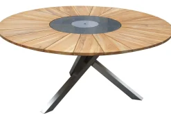 STERN Cardiff Garten-Essgruppe, silber/taupe, Edelstahl/Teak, Tisch Ø 170 cm, 6 Stapelsessel, FSC®-zertifiziertes Produkt