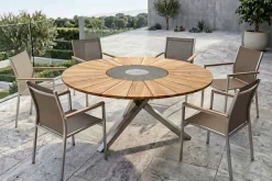 STERN Cardiff Garten-Essgruppe, silber/taupe, Edelstahl/Teak, Tisch Ø 170 cm, 6 Stapelsessel, FSC®-zertifiziertes Produkt
