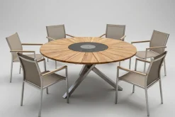 STERN Cardiff Garten-Essgruppe, silber/taupe, Edelstahl/Teak, Tisch Ø 170 cm, 6 Stapelsessel, FSC®-zertifiziertes Produkt