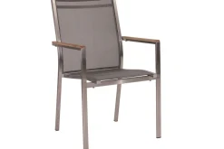 STERN Cardiff Garten-Essgruppe, silber/silbergrau, Edelstahl/Teak, Tisch Ø 170 cm, 6 Stapelsessel, FSC®-zertifiziertes Produkt