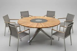 STERN Cardiff Garten-Essgruppe, silber/silbergrau, Edelstahl/Teak, Tisch Ø 170 cm, 6 Stapelsessel, FSC®-zertifiziertes Produkt
