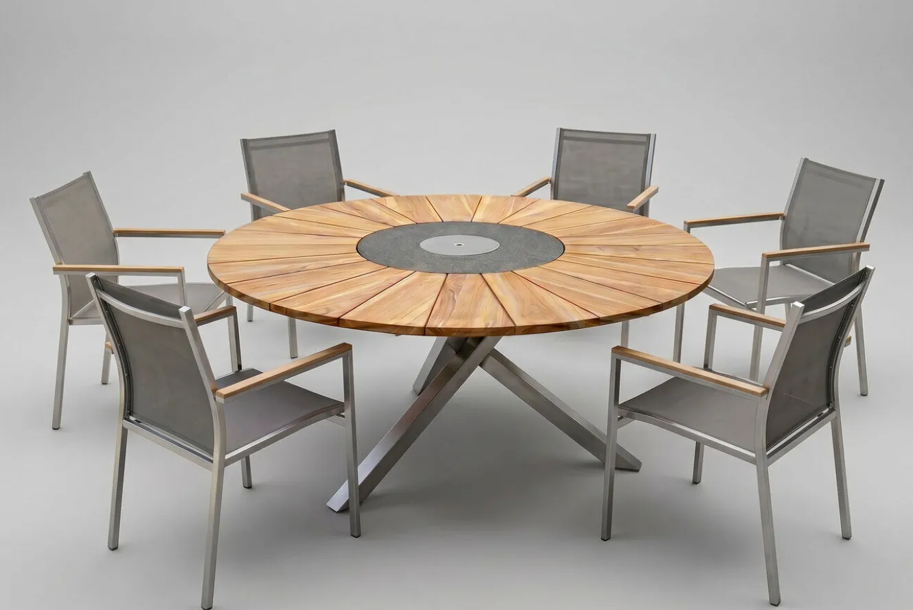 STERN Cardiff Garten-Essgruppe, silber/silbergrau, Edelstahl/Teak, Tisch Ø 170 cm, 6 Stapelsessel, FSC®-zertifiziertes Produkt