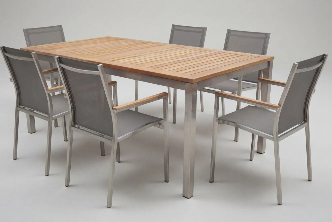 STERN Cardiff Garten-Essgruppe, silber/taupe, Edelstahl/Teak, Tisch 180/240 x 100 cm, 6 Stapelsessel, FSC®-zertifiziertes Produkt