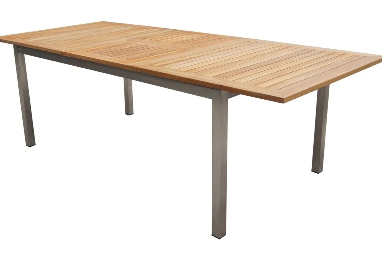 STERN Cardiff Garten-Essgruppe, silber/taupe, Edelstahl/Teak, Tisch 180/240 x 100 cm, 6 Stapelsessel, FSC®-zertifiziertes Produkt