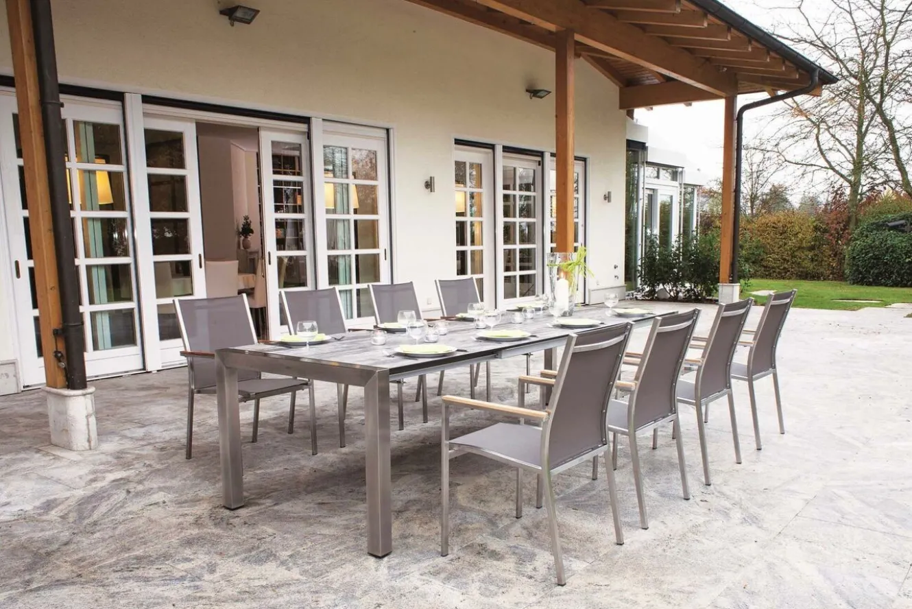 STERN Cardiff Stapelsessel, silber/taupe, Edelstahl/Textil, ca. 61x57x92 cm, Armlehnen Teak