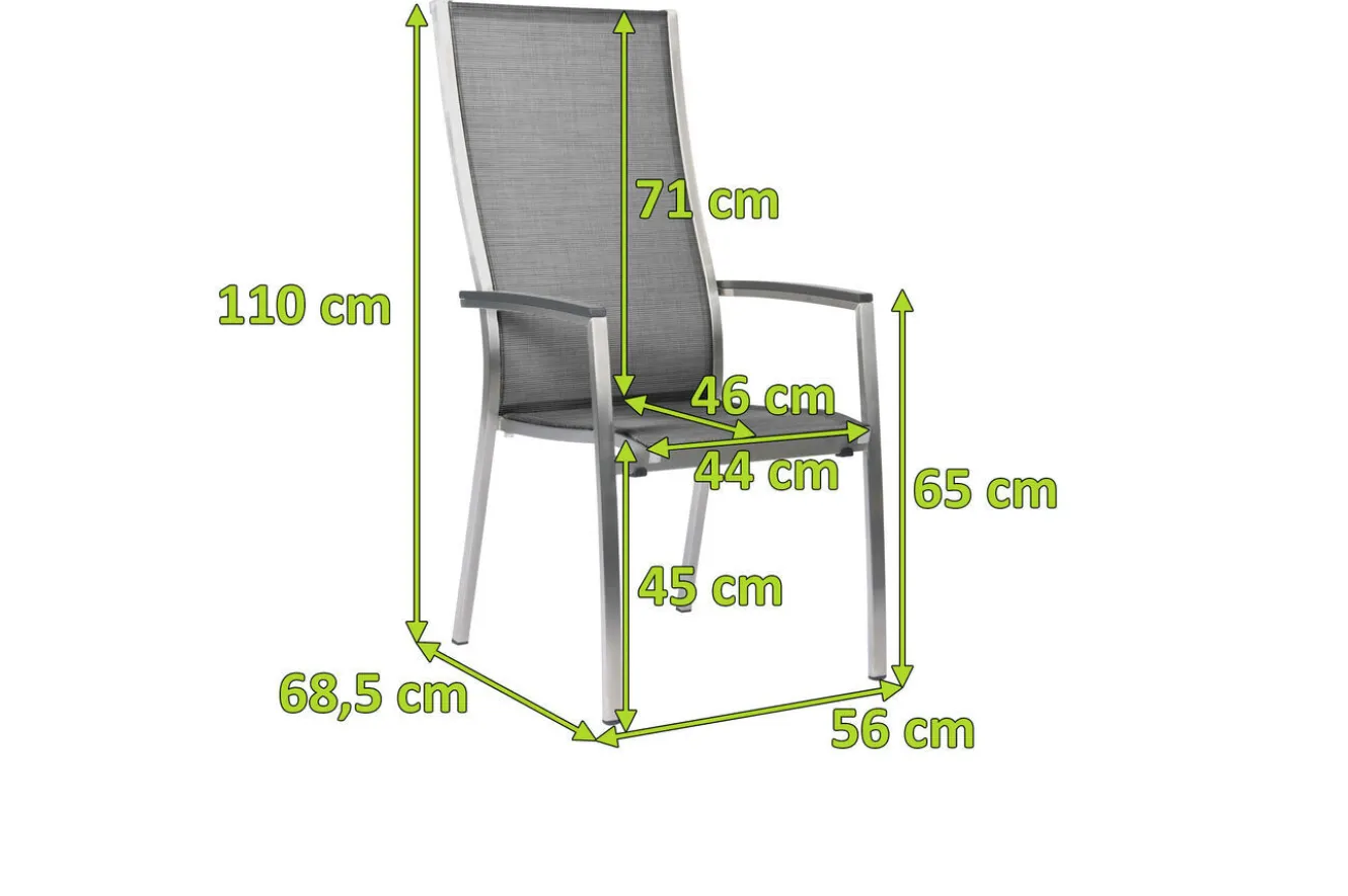 STERN Cardiff Stapelsessel, silbergrau, Edelstahl/Textil/Aluminiumarmlehnen, 68,5x56x110 cm, stapelbar