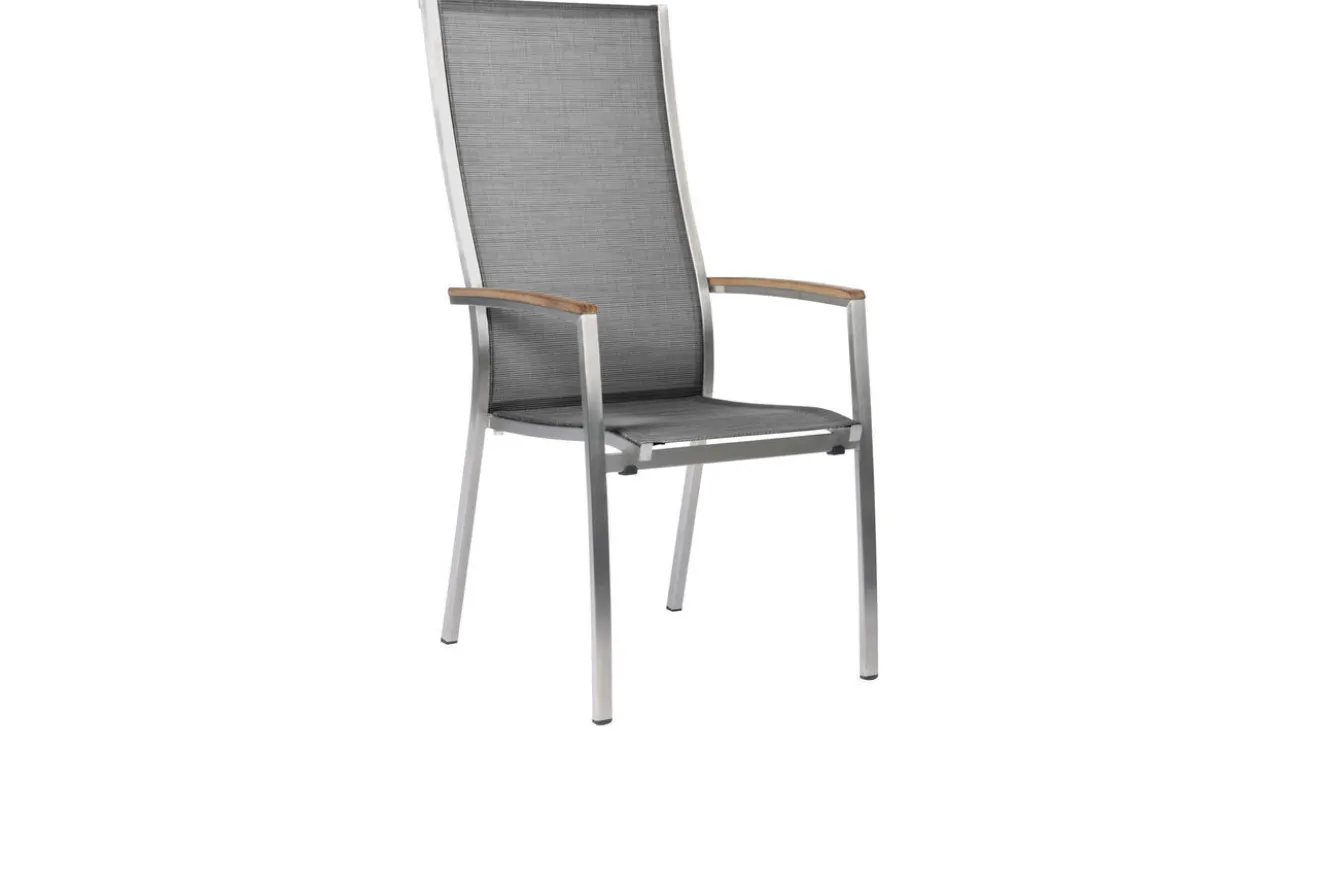 STERN Cardiff Stapelsessel, silbergrau, Edelstahl/Textil/Armlehnen aus Teak, 68,5x56x110 cm, stapelbar