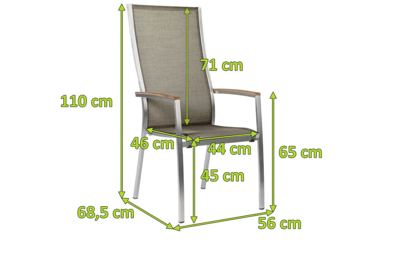 STERN Cardiff Stapelsessel, silber/taupe, Edelstahl/Textil/Armlehnen aus Teak, 68,5x56x110 cm, stapelbar
