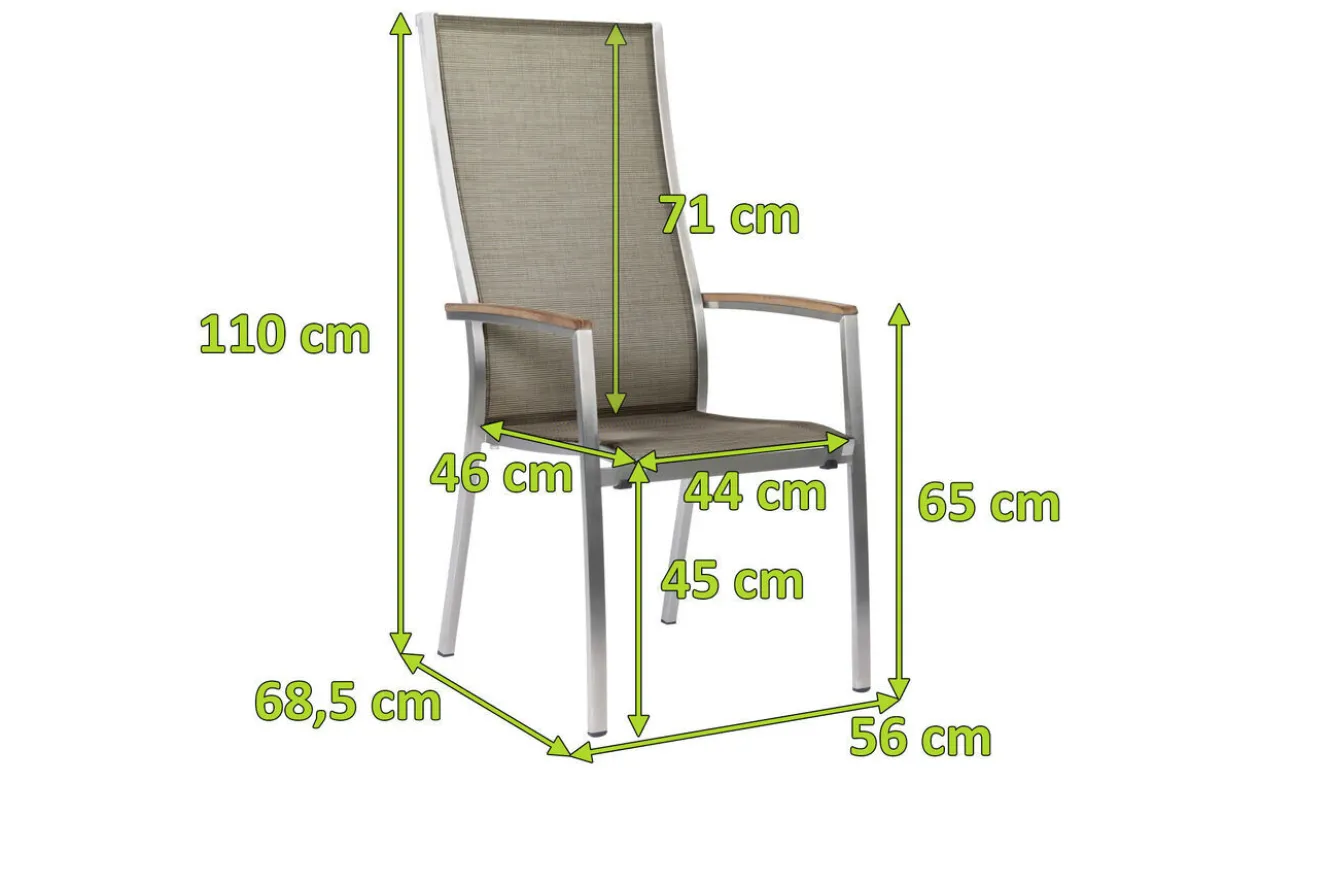 STERN Cardiff Stapelsessel, silber/taupe, Edelstahl/Textil/Armlehnen aus Teak, 68,5x56x110 cm, stapelbar