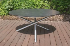 STERN Garten-Essgruppe, silber/grau, Edelstahl/Textil/Alu/Glaskeramik, Tisch Ø150cm, 5 Stapelsessel