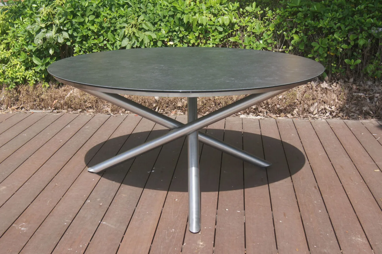 STERN Garten-Essgruppe, silber/grau, Edelstahl/Textil/Alu/Glaskeramik, Tisch Ø150cm, 5 Stapelsessel
