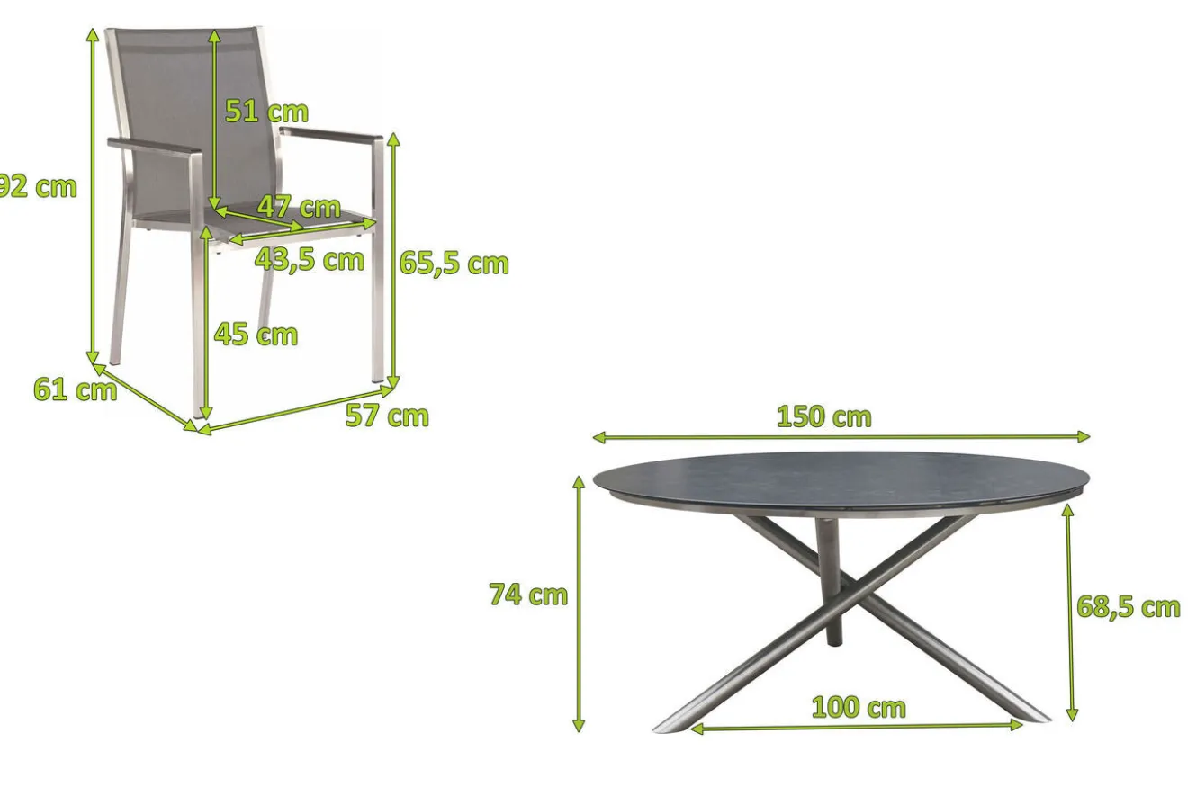 STERN Garten-Essgruppe, silber/grau, Edelstahl/Textil/Alu/Glaskeramik, Tisch Ø150cm, 5 Stapelsessel