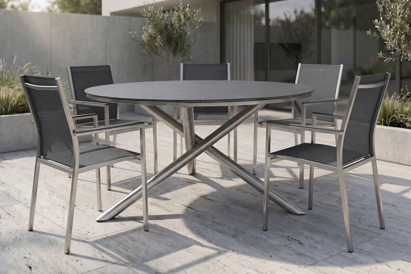 STERN Garten-Essgruppe, silber/grau, Edelstahl/Textil/Alu/Glaskeramik, Tisch Ø150cm, 5 Stapelsessel