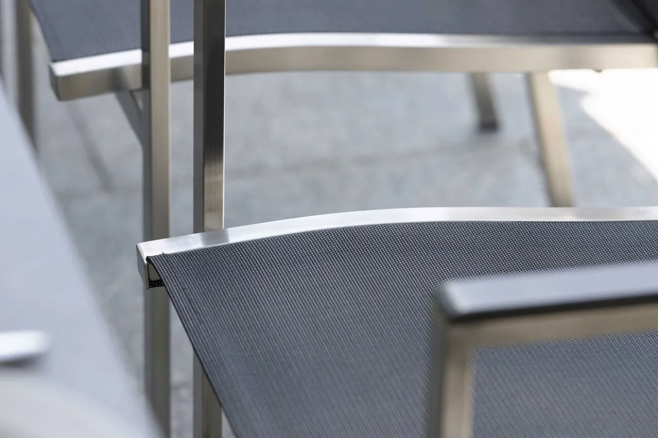 STERN Garten-Essgruppe, silber/grau, Edelstahl/Textil/Alu/Glaskeramik, Tisch Ø150cm, 5 Stapelsessel