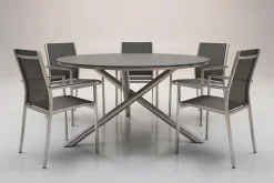 STERN Garten-Essgruppe, silber/grau, Edelstahl/Textil/Alu/Glaskeramik, Tisch Ø150cm, 5 Stapelsessel