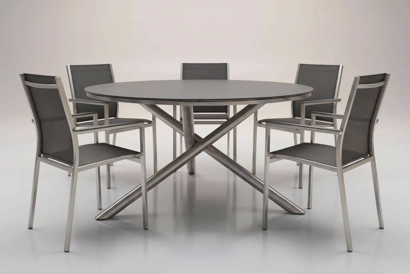 STERN Garten-Essgruppe, silber/grau, Edelstahl/Textil/Alu/Glaskeramik, Tisch Ø150cm, 5 Stapelsessel