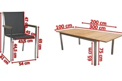 STERN Polaris Garten-Essgruppe, silbergrau, Edelstahl/Teak, Tisch 200/300 x 100 cm, 6 Stapelsessel, FSC®-zertifiziertes Produkt