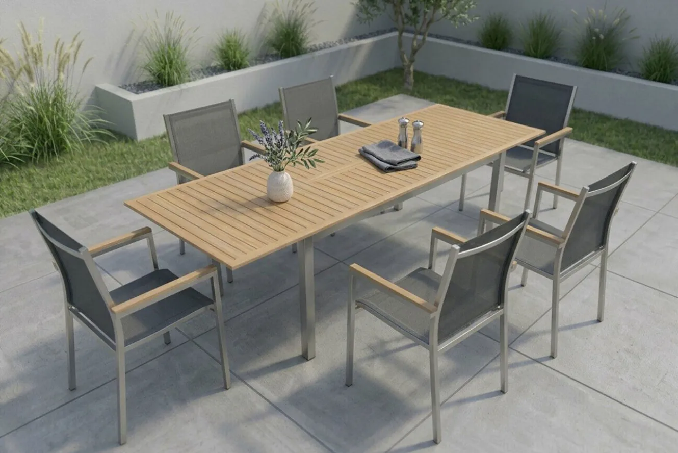 STERN Polaris Garten-Essgruppe, silbergrau, Edelstahl/Teak, Tisch 200/300 x 100 cm, 6 Stapelsessel, FSC®-zertifiziertes Produkt