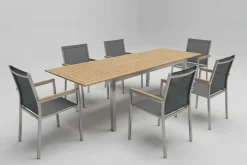 STERN Polaris Garten-Essgruppe, silbergrau, Edelstahl/Teak, Tisch 200/300 x 100 cm, 6 Stapelsessel, FSC®-zertifiziertes Produkt