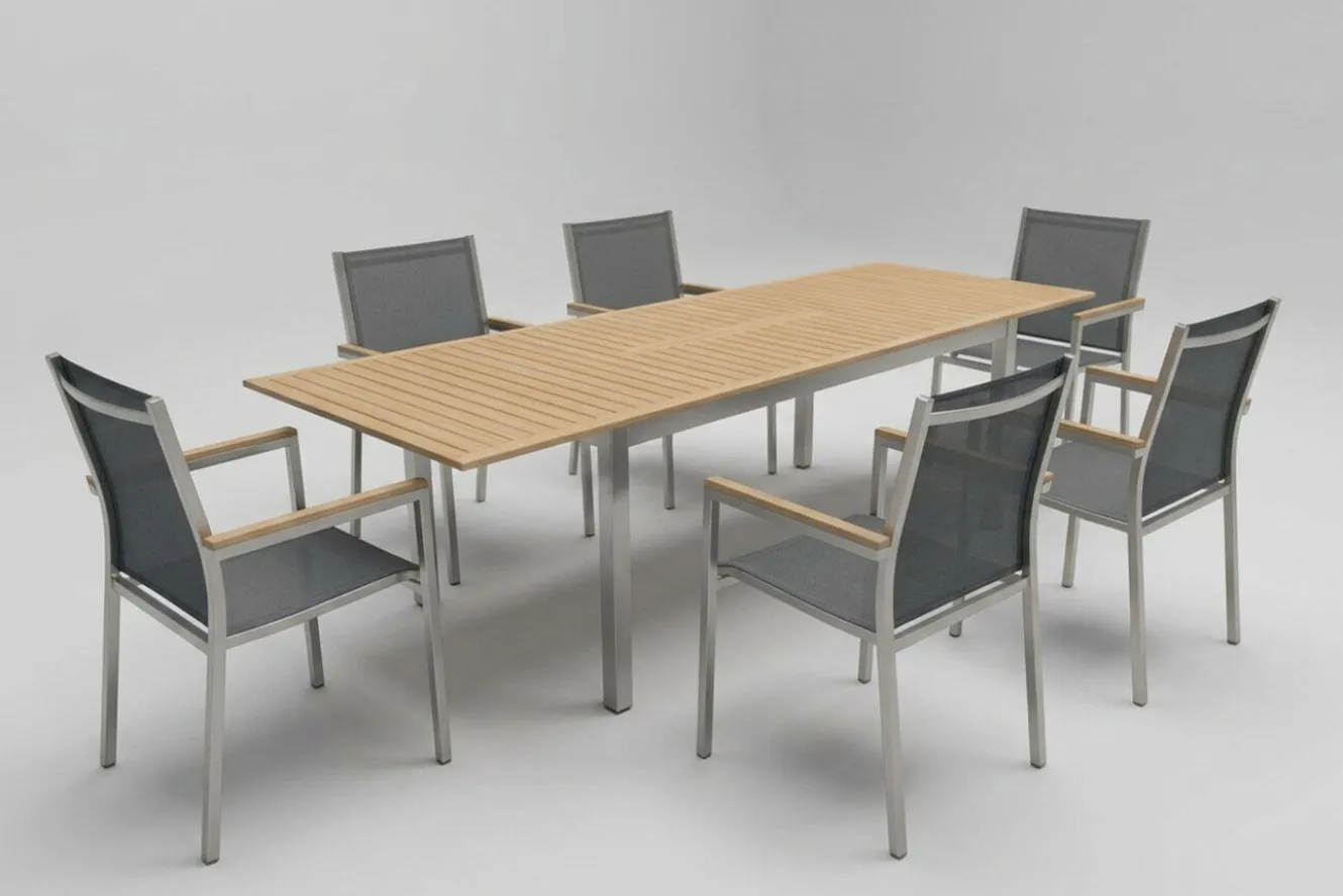 STERN Polaris Garten-Essgruppe, silbergrau, Edelstahl/Teak, Tisch 200/300 x 100 cm, 6 Stapelsessel, FSC®-zertifiziertes Produkt