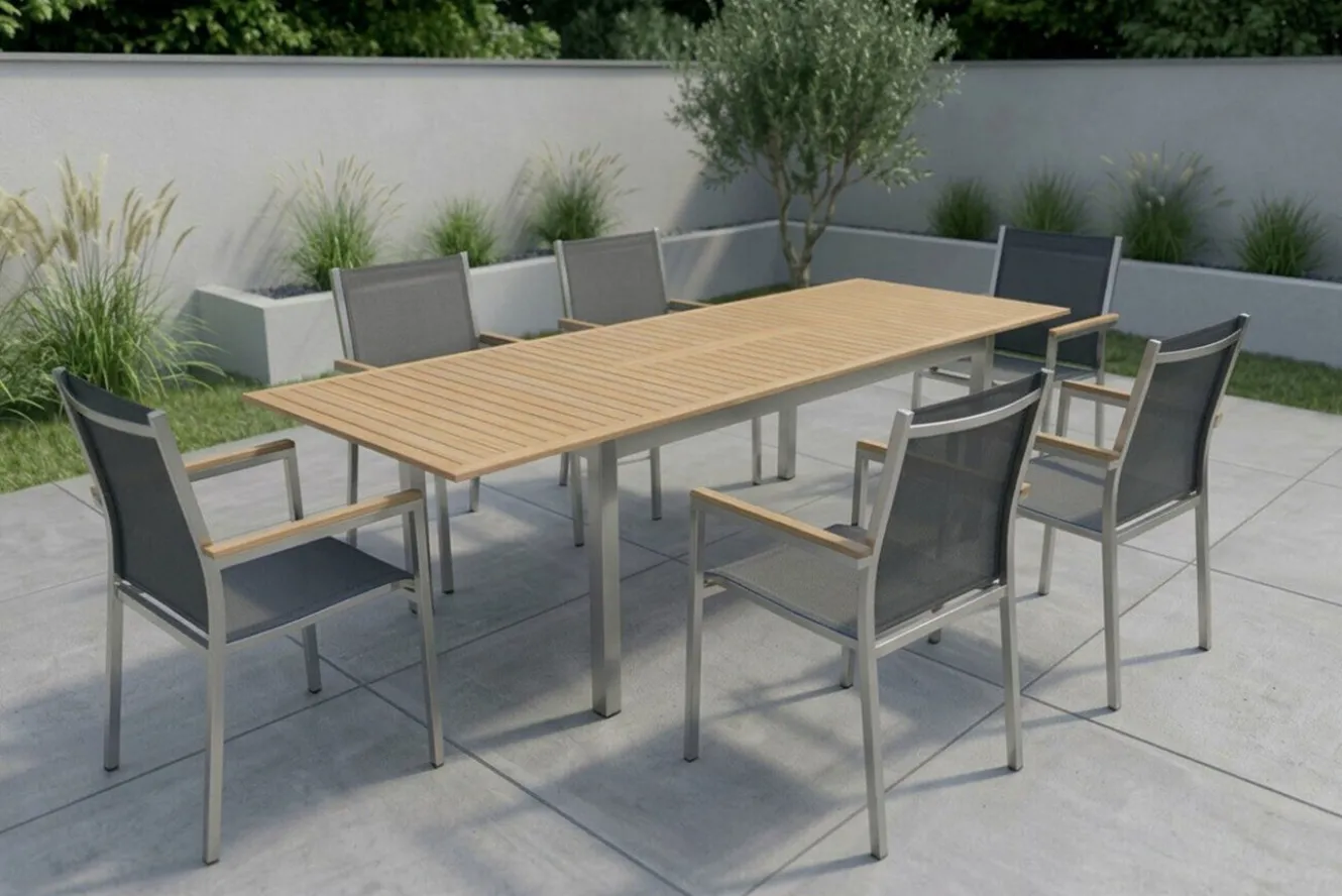 STERN Polaris Garten-Essgruppe, silbergrau, Edelstahl/Teak, Tisch 200/300 x 100 cm, 6 Stapelsessel, FSC®-zertifiziertes Produkt