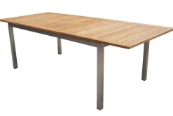 STERN Polaris Garten-Essgruppe, silbergrau, Edelstahl/Teak, Tisch 200/300 x 100 cm, 6 Stapelsessel, FSC®-zertifiziertes Produkt
