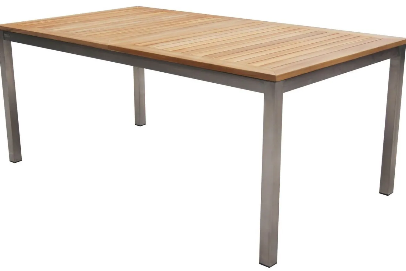 STERN Polaris Garten-Essgruppe, silbergrau, Edelstahl/Teak, Tisch 200/300 x 100 cm, 6 Stapelsessel, FSC®-zertifiziertes Produkt