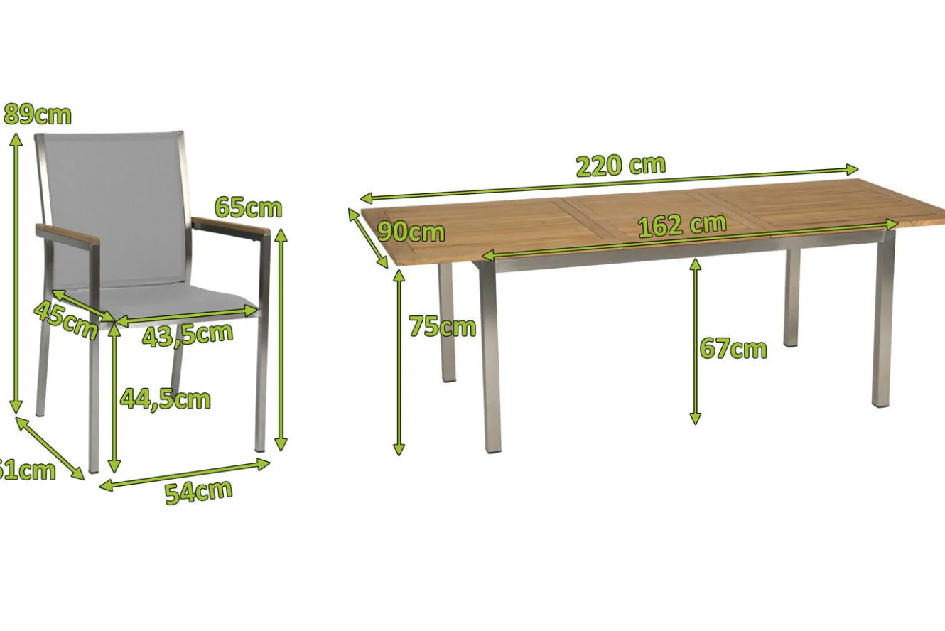 STERN Polaris Garten-Essgruppe, kaschmir, Edelstahl/Teak, Tisch 162/220 x 90 cm, 6 Personen, ausziehbar