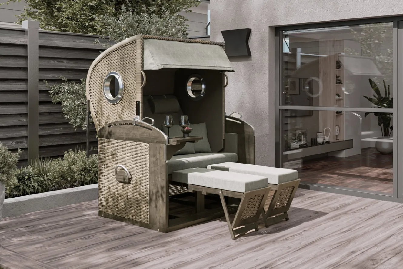 Sunny Smart Rustikal 305 Z Comfort XL Strandkorb, 2-Sitzer, Liegemodell, Pinienholz/PE-Geflecht, inkl. Kissengarnitur