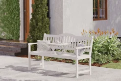 VILLANA Gartenbank, weiß, Akazie, 152 x 59 x 86 cm, 2-3 Personen, Klapptisch-Funktion, FSC®-zertifiziertes Produkt