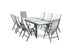 VILLANA Garten-Essgruppe, anthrazit/grau, Alu/Textil, Tisch 160 x 220 cm, 8 Klappstühle