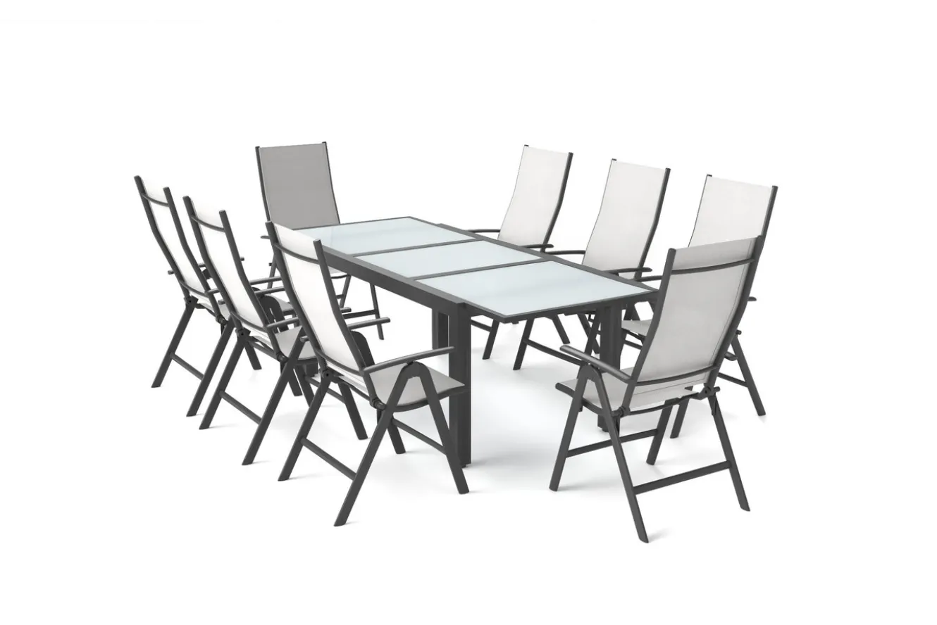 VILLANA Garten-Essgruppe, anthrazit/grau, Alu/Textil, Tisch 160 x 220 cm, 8 Klappstühle
