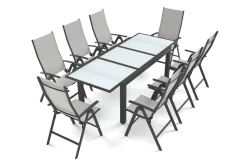 VILLANA Garten-Essgruppe, anthrazit/grau, Alu/Textil, Tisch 160 x 220 cm, 8 Klappstühle