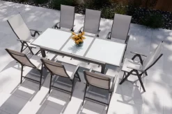 VILLANA Garten-Essgruppe, anthrazit/grau, Alu/Textil, Tisch 160 x 220 cm, 8 Klappstühle