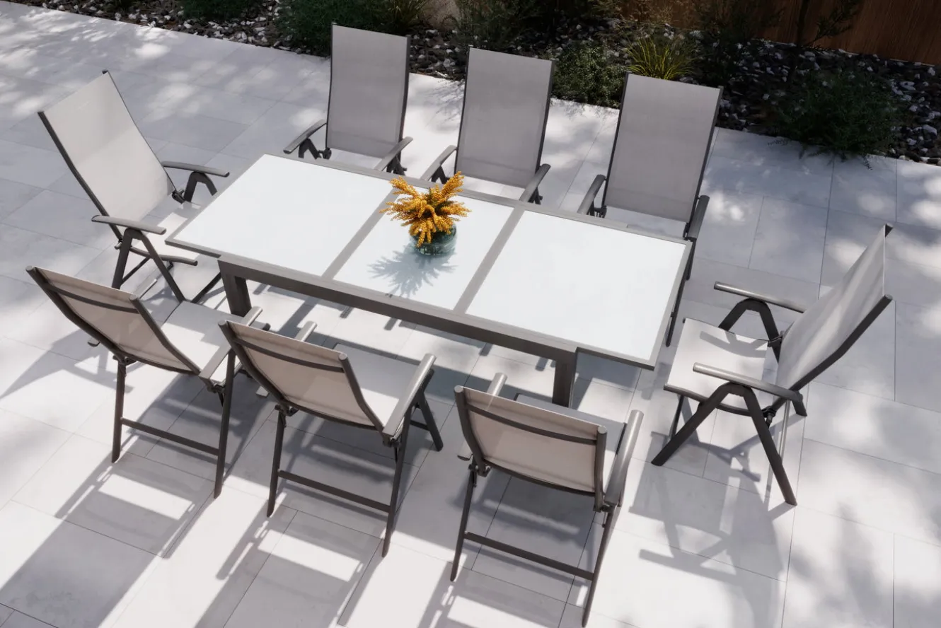 VILLANA Garten-Essgruppe, anthrazit/grau, Alu/Textil, Tisch 160 x 220 cm, 8 Klappstühle