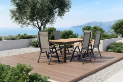 VILLANA Garten-Essgruppe, anthrazit/naturbelassen, Alu/Eukalyptus/Textilgewebe, Esstisch 180 x 90 cm, 6 Klappstühle, FSC®-zertifiziertes Produkt