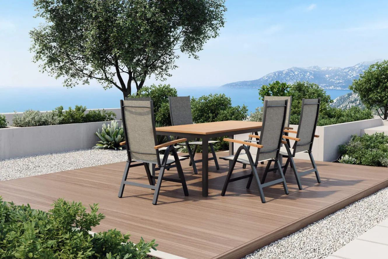 VILLANA Garten-Essgruppe, anthrazit/naturbelassen, Alu/Eukalyptus/Textilgewebe, Esstisch 180 x 90 cm, 6 Klappstühle, FSC®-zertifiziertes Produkt