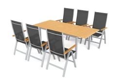 VILLANA Garten-Essgruppe mit 6 Klappstühlen, silber, Alu/Eukalyptus, ausziehbarer Tisch 150/200 x 90 cm, FSC®-zertifiziertes Produkt