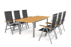 VILLANA Garten-Essgruppe mit 6 Klappstühlen, silber, Alu/Eukalyptus, ausziehbarer Tisch 150/200 x 90 cm, FSC®-zertifiziertes Produkt
