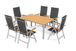 VILLANA Garten-Essgruppe mit 6 Klappstühlen, silber, Alu/Eukalyptus, ausziehbarer Tisch 150/200 x 90 cm, FSC®-zertifiziertes Produkt