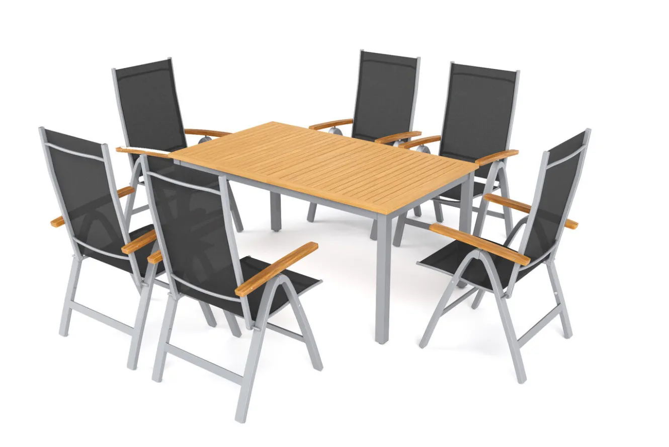 VILLANA Garten-Essgruppe mit 6 Klappstühlen, silber, Alu/Eukalyptus, ausziehbarer Tisch 150/200 x 90 cm, FSC®-zertifiziertes Produkt