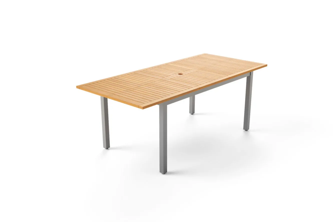 VILLANA Garten-Essgruppe mit 6 Klappstühlen, silber, Alu/Eukalyptus, ausziehbarer Tisch 150/200 x 90 cm, FSC®-zertifiziertes Produkt
