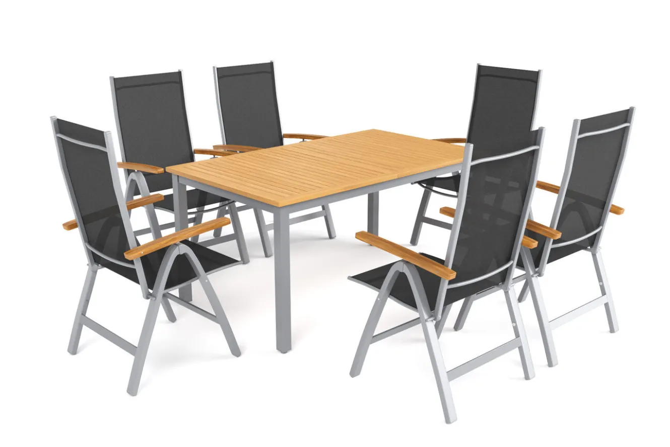 VILLANA Garten-Essgruppe mit 6 Klappstühlen, silber, Alu/Eukalyptus, ausziehbarer Tisch 150/200 x 90 cm, FSC®-zertifiziertes Produkt
