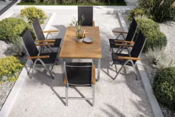 VILLANA Garten-Essgruppe mit 6 Klappstühlen, silber, Alu/Eukalyptus, ausziehbarer Tisch 150/200 x 90 cm, FSC®-zertifiziertes Produkt