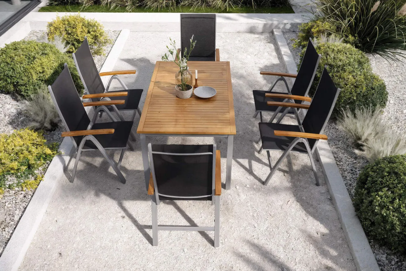 VILLANA Garten-Essgruppe mit 6 Klappstühlen, silber, Alu/Eukalyptus, ausziehbarer Tisch 150/200 x 90 cm, FSC®-zertifiziertes Produkt