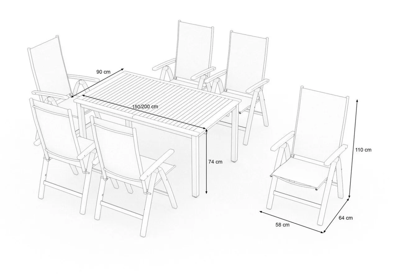 VILLANA Garten-Essgruppe mit 6 Klappstühlen, silber, Alu/Eukalyptus, ausziehbarer Tisch 150/200 x 90 cm, FSC®-zertifiziertes Produkt