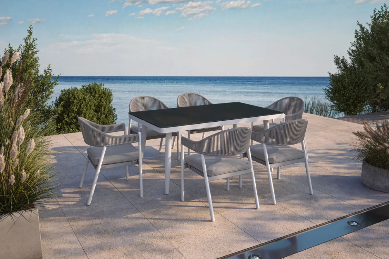 VILLANA Garten-Essgruppe mit 6 Stapelstühlen, matt weiß/grau, Alu/Polyester, Esstisch 155 x 90 cm