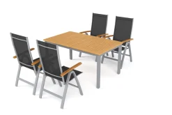 VILLANA Garten-Essgruppe mit 4 Klappstühlen, silber, Alu/Eukalyptus, ausziehbarer Tisch 150/200 x 90 cm, FSC®-zertifiziertes Produkt