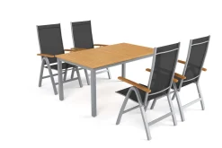 VILLANA Garten-Essgruppe mit 4 Klappstühlen, silber, Alu/Eukalyptus, ausziehbarer Tisch 150/200 x 90 cm, FSC®-zertifiziertes Produkt